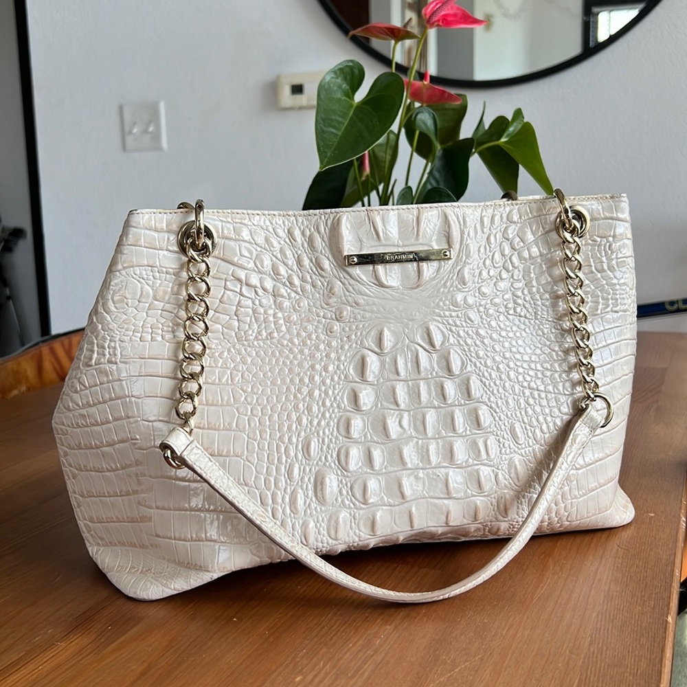 Pearl white leather croc embossed Brahmin bag